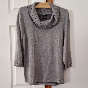 Chic Gray Cowl Neck Sweater with Beaded Details